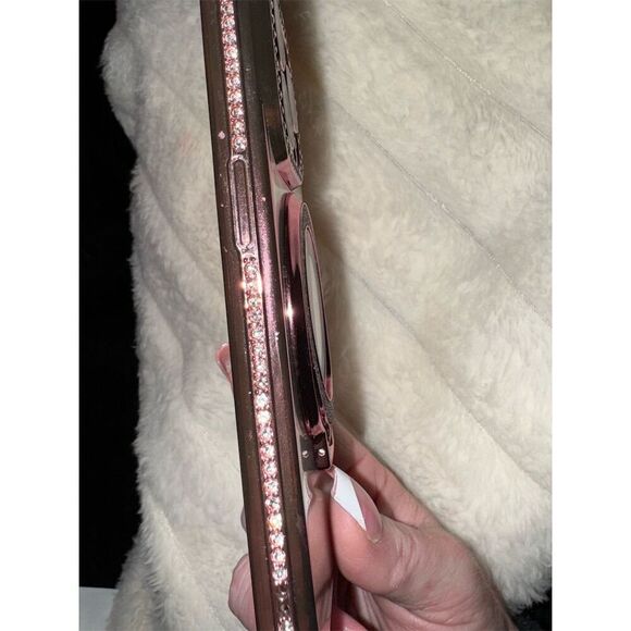 LXK Pink Glitter Clear Phone Case w/ Ring Holder and rhinestone iPhone 15 pro - Picture 8 of 12